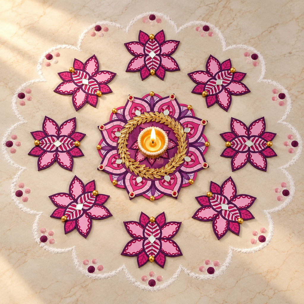 Gulrang | Handcrafted Floral Rangoli & Diya Holder – 9-Piece Set | DEVIQ | CH-1005