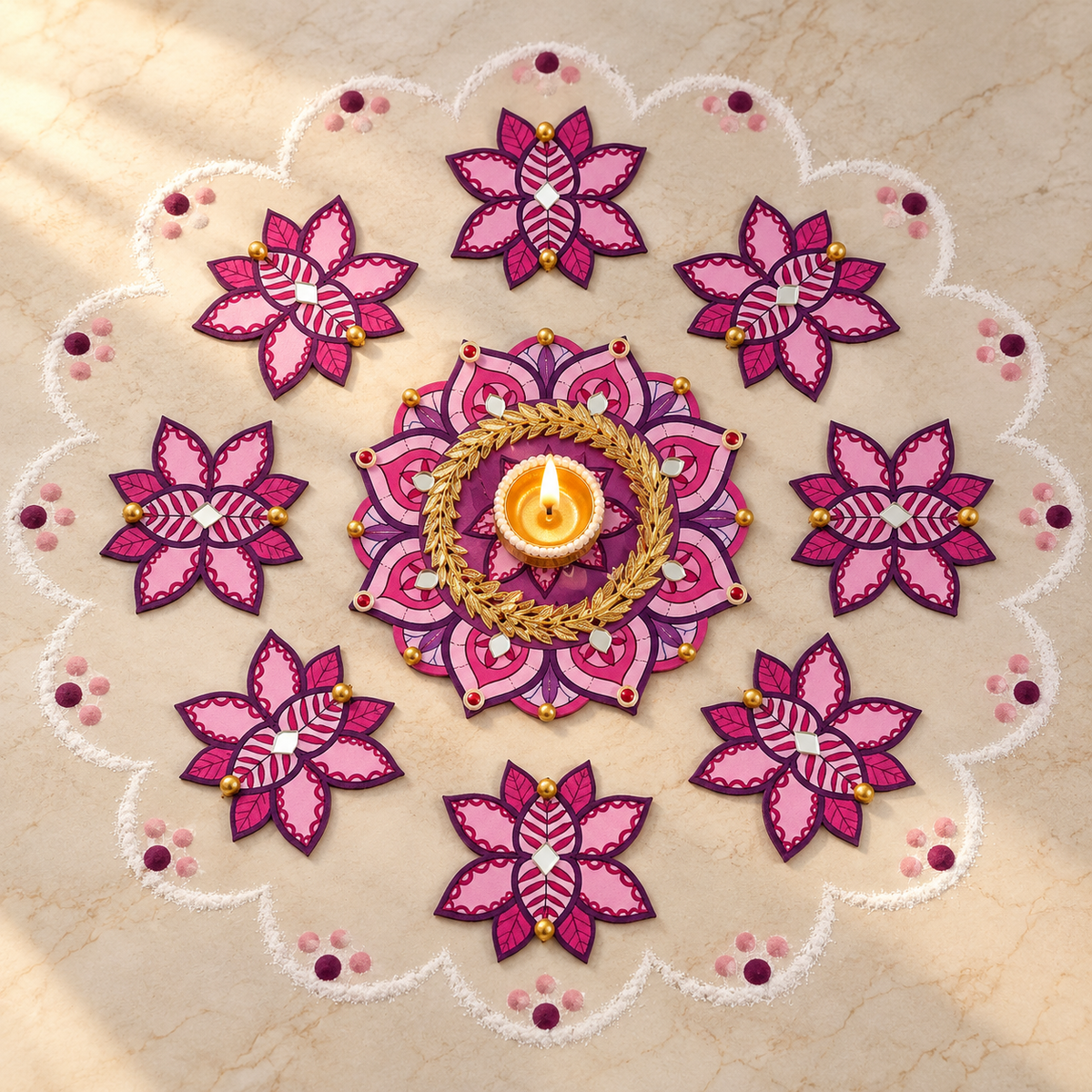 Gulrang | Handcrafted Floral Rangoli & Diya Holder – 9-Piece Set | DEVIQ | CH-1005