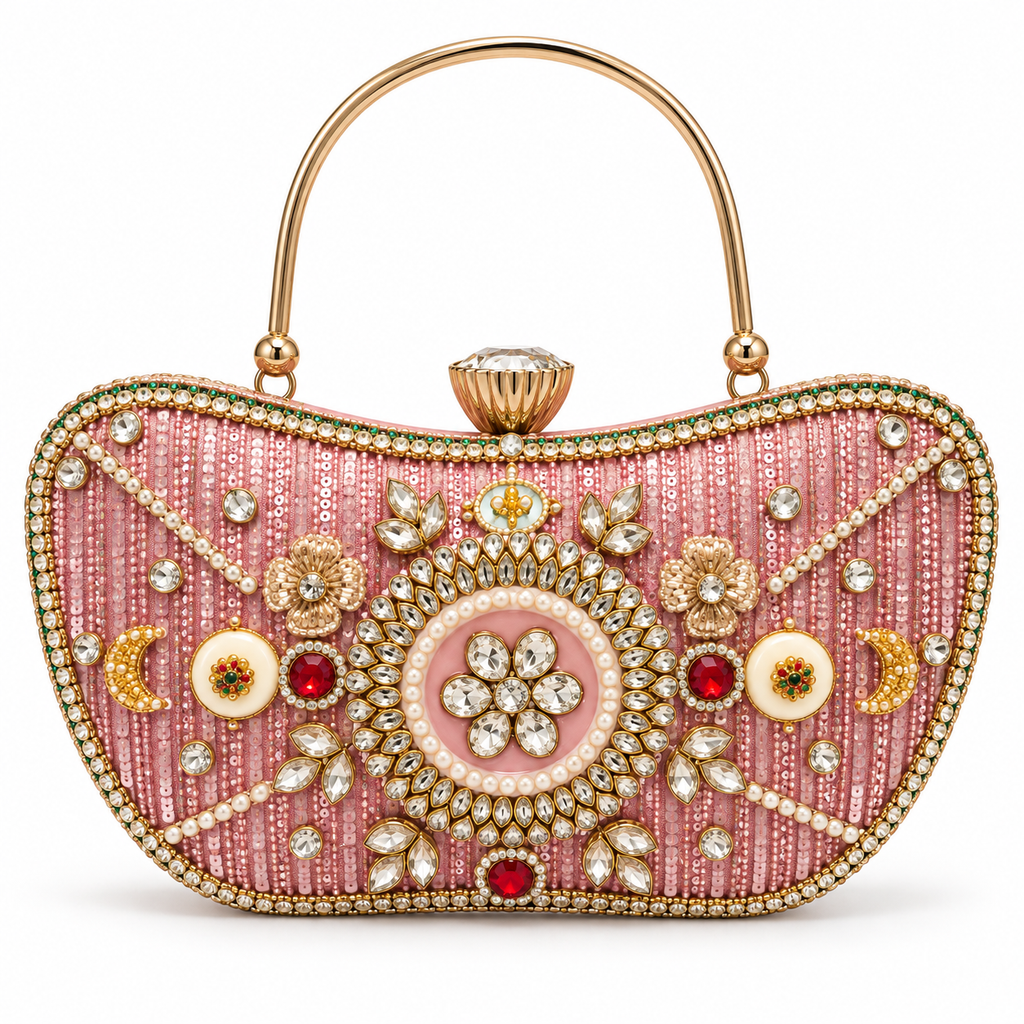 Gulabi Aabha Handbag | Hand-Embellished Floral & Pearl-Style Top-Handle Bag | DEVIQ | HB-1004