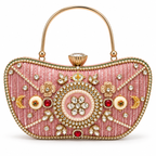 Gulabi Aabha Handbag | Hand-Embellished Floral & Pearl-Style Top-Handle Bag | DEVIQ | HB-1004