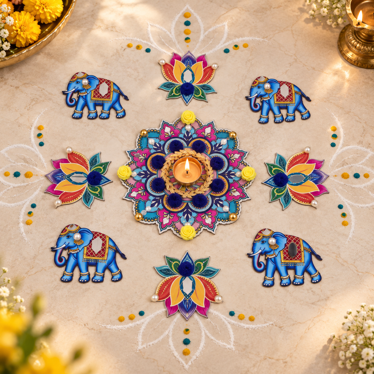 Gajpadma | Handcrafted Elephant & Lotus Rangoli Diya Holder – 9-Piece Set | DEVIQ | CH-1006