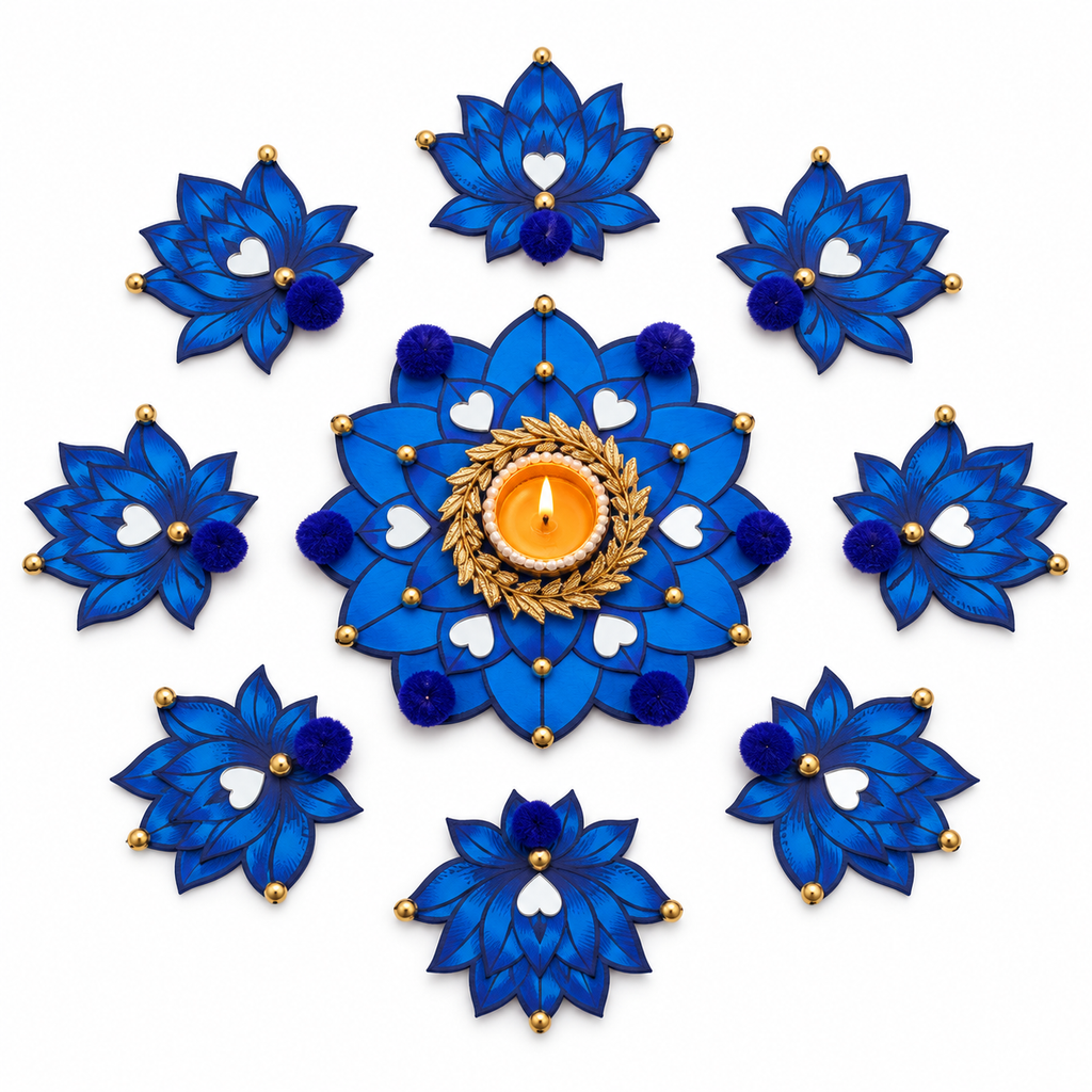 Neelkamal | Handcrafted Blue Lotus Rangoli & Diya Holder – 9-Piece Set | DEVIQ | CH-1008