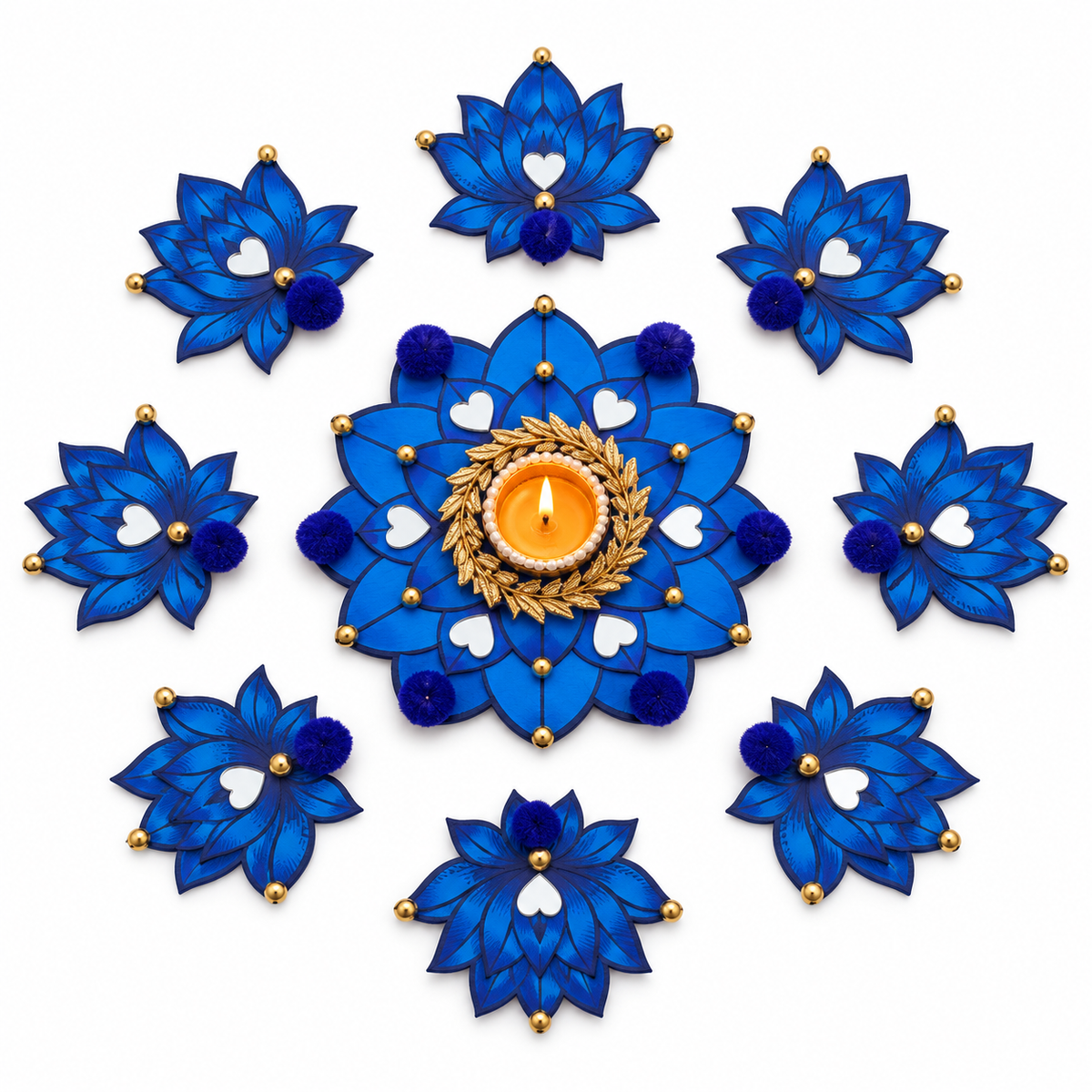 Neelkamal | Handcrafted Blue Lotus Rangoli & Diya Holder – 9-Piece Set | DEVIQ | CH-1008