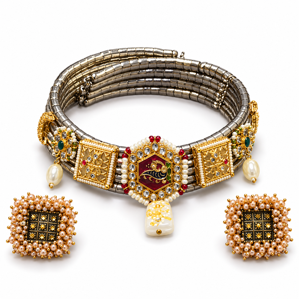 Rajmudra | Signature Dual-Tone Hasli Choker & Earrings Set | DEVIQ | JS-1030