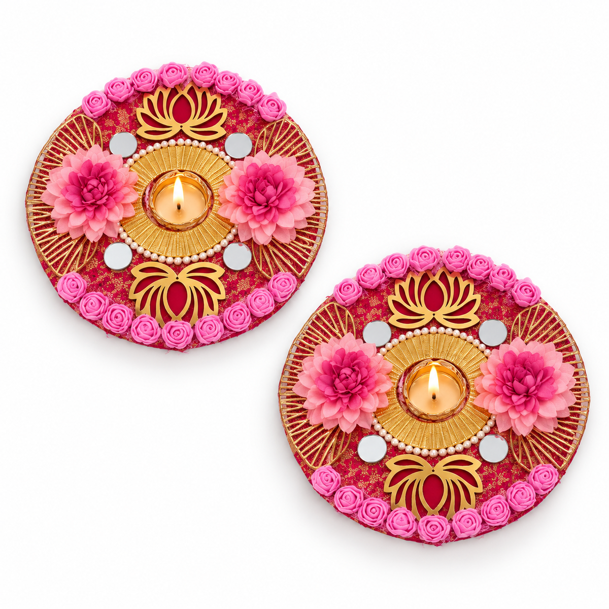 Pushpdeep | Handcrafted Pink Floral & Lotus Diya Holders – Set of 2 | DEVIQ | CH-1014