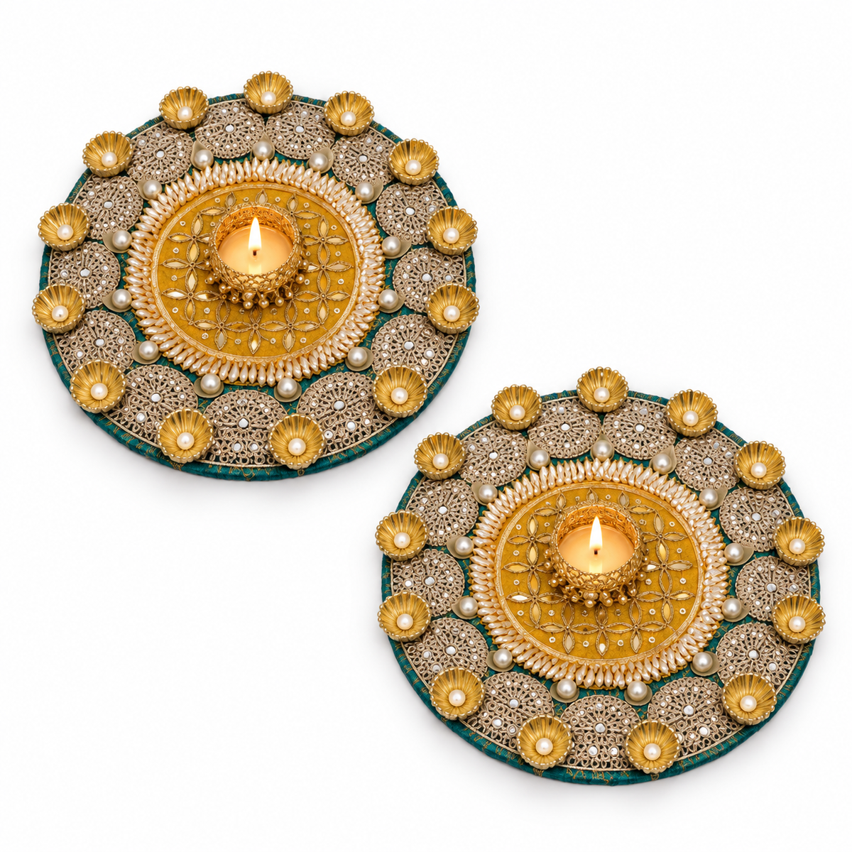 Kanakprabha | Handcrafted Teal & Gold Ornamental Diya Holders – Set of 2 | DEVIQ | CH-1013