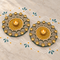 Kanakprabha | Handcrafted Teal & Gold Ornamental Diya Holders – Set of 2 | DEVIQ | CH-1013