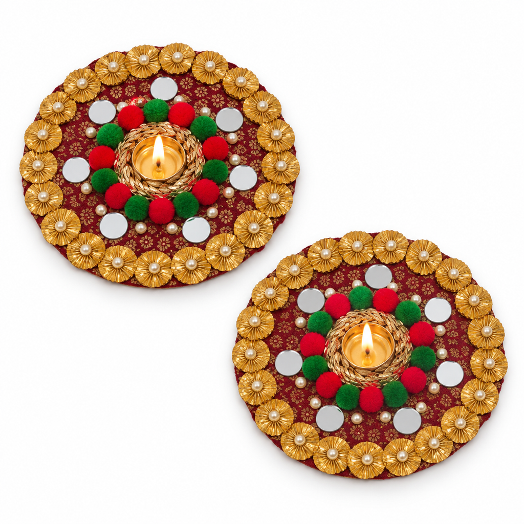 Utsavdeep | Handcrafted Mirror & Pom-Pom Diya Holders – Set of 2 | DEVIQ | CH-1007