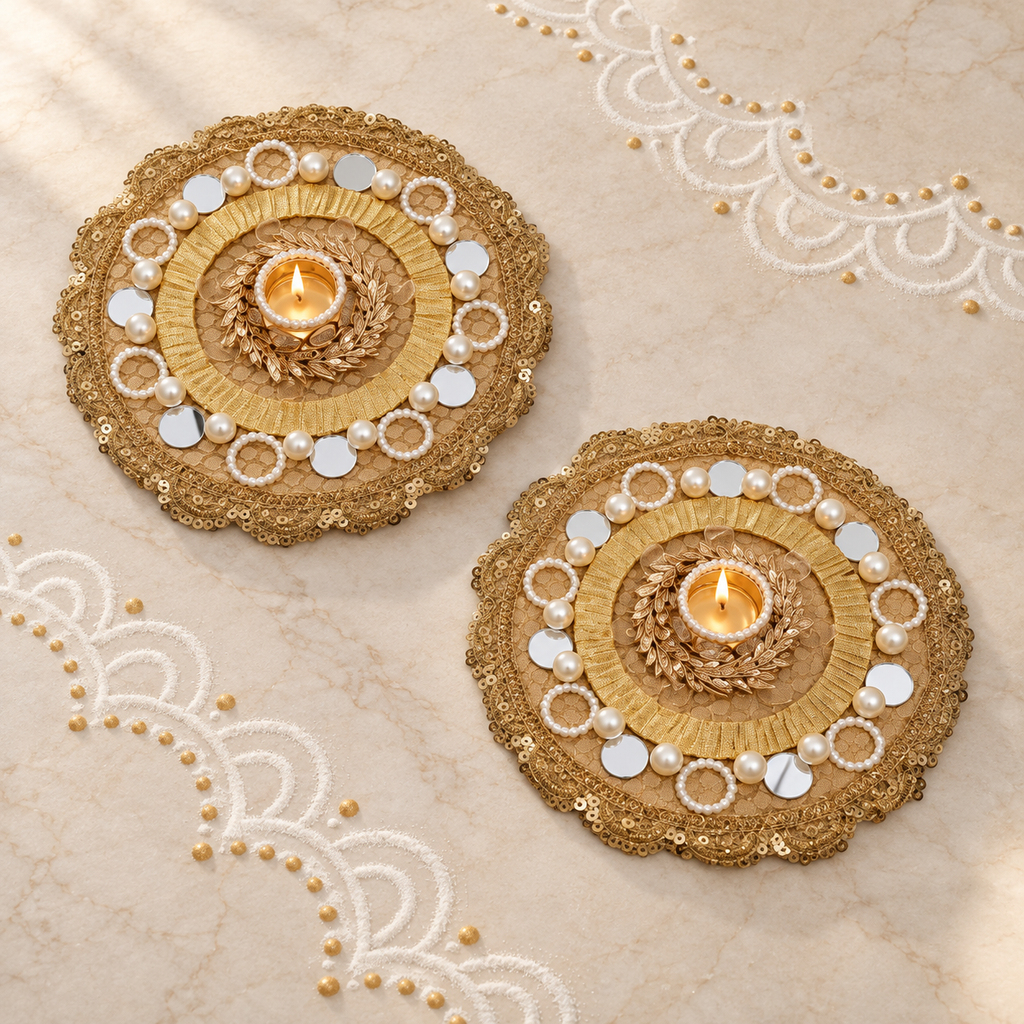 Hemjyoti | Handcrafted Gold & Pearl-Style Diya Holders – Set of 2 | DEVIQ | CH-1015