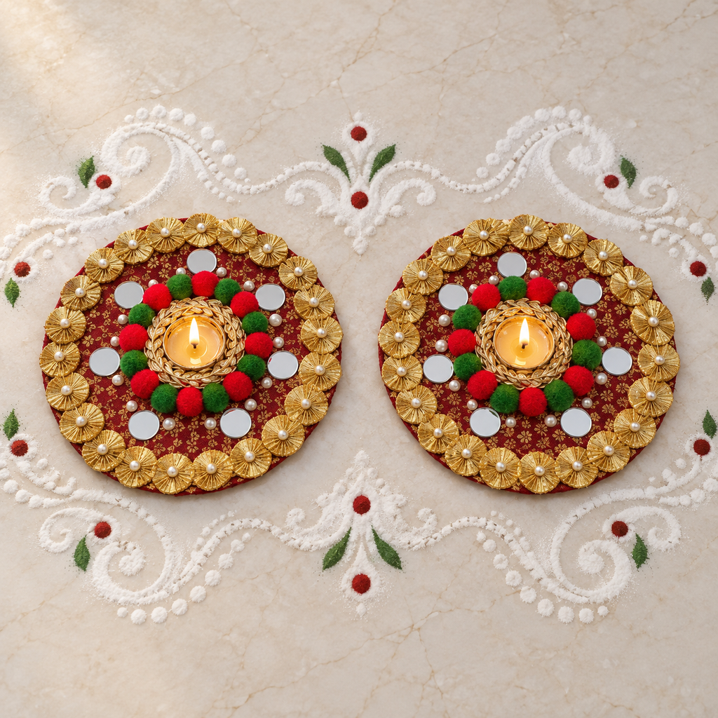 Utsavdeep | Handcrafted Mirror & Pom-Pom Diya Holders – Set of 2 | DEVIQ | CH-1007