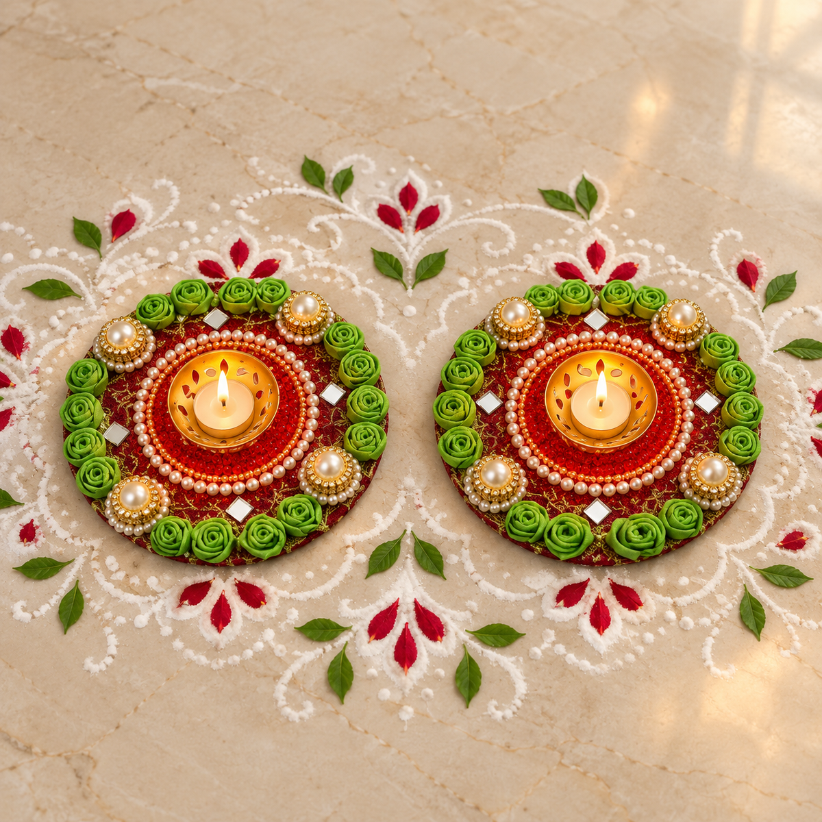 Rangdeep | Handcrafted Floral Rangoli Tealight Holders – Set of 2 | DEVIQ | CH-1004