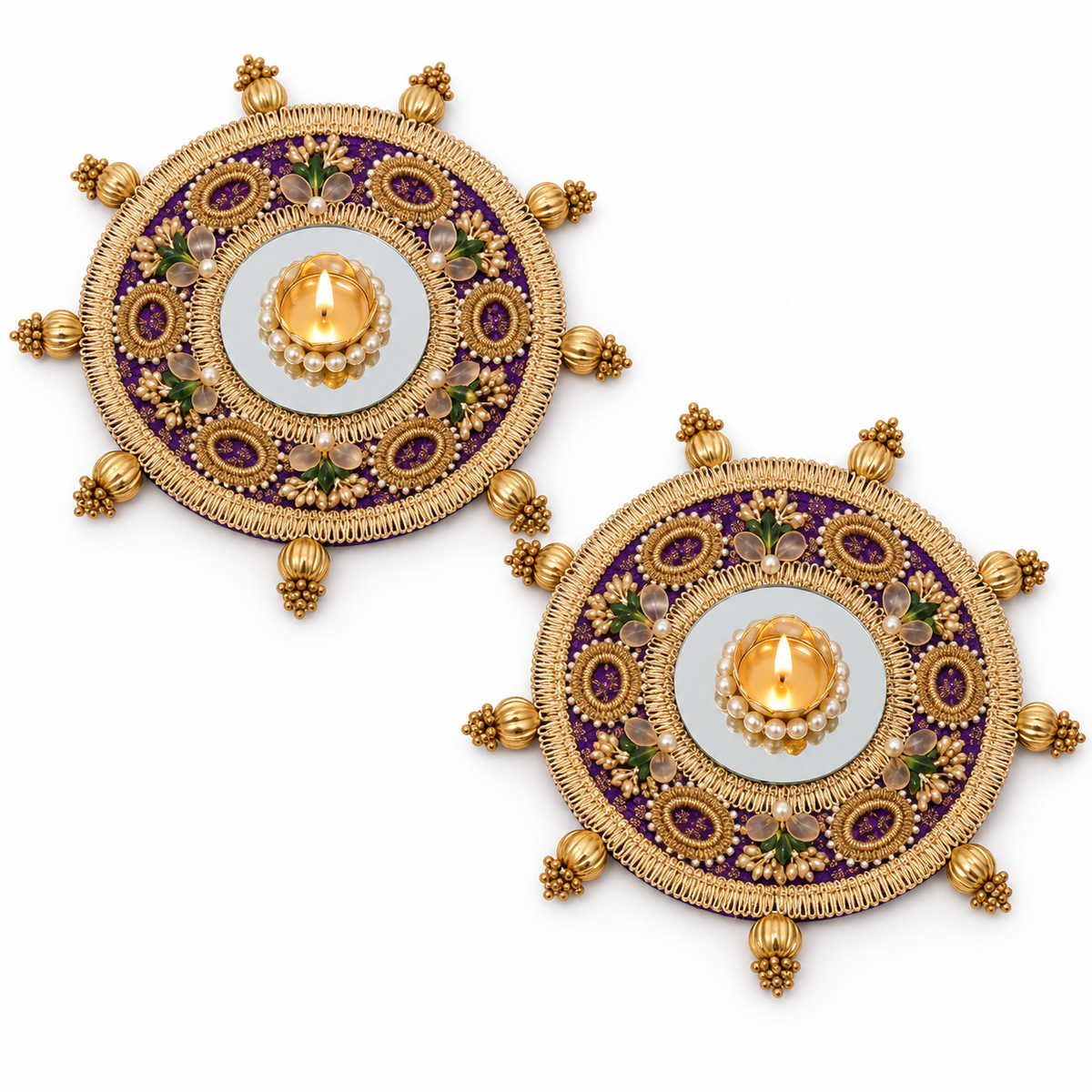 Rajdeep | Handcrafted Purple & Gold Mirror Diya Holders – Set of 2 | DEVIQ | CH-1010