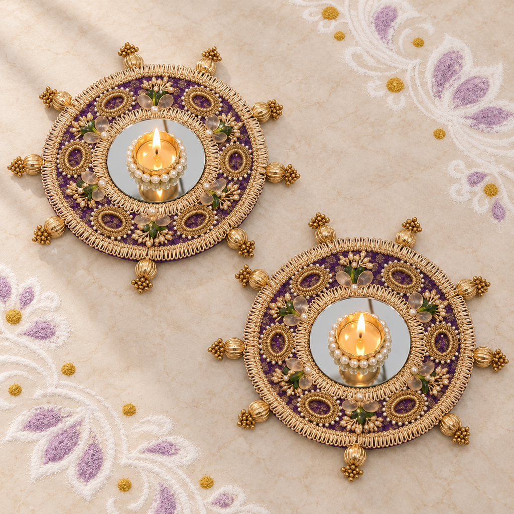 Rajdeep | Handcrafted Purple & Gold Mirror Diya Holders – Set of 2 | DEVIQ | CH-1010