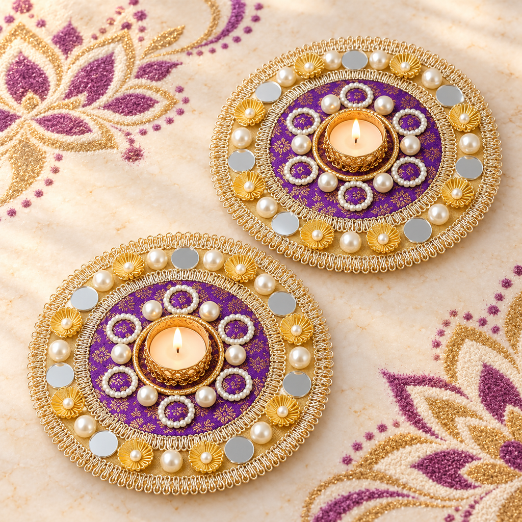 Rajprabha | Handcrafted Purple & Gold Diya Holders – Set of 2 | DEVIQ | CH-1023