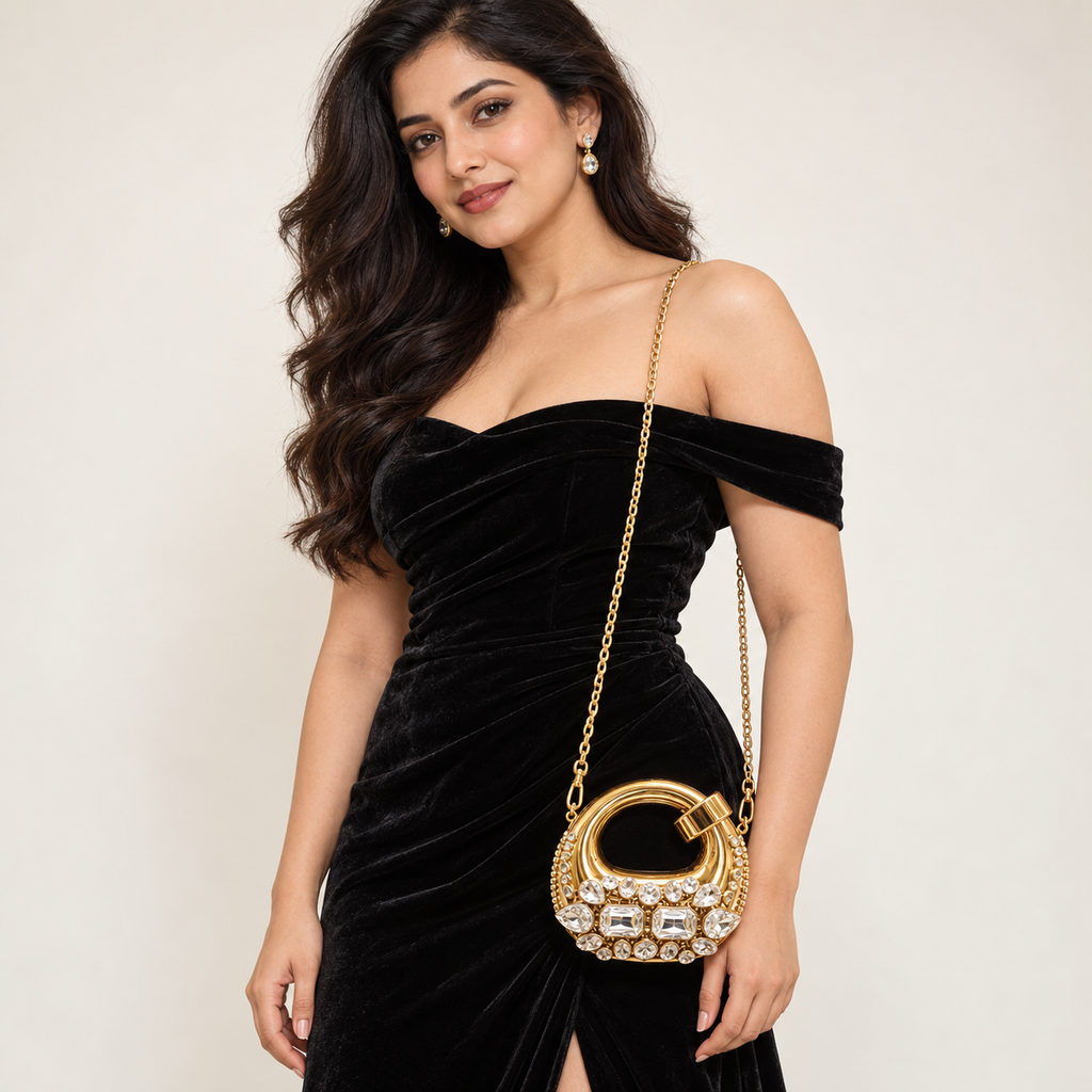 Kanak Aabha miniature wedding sling bag on model