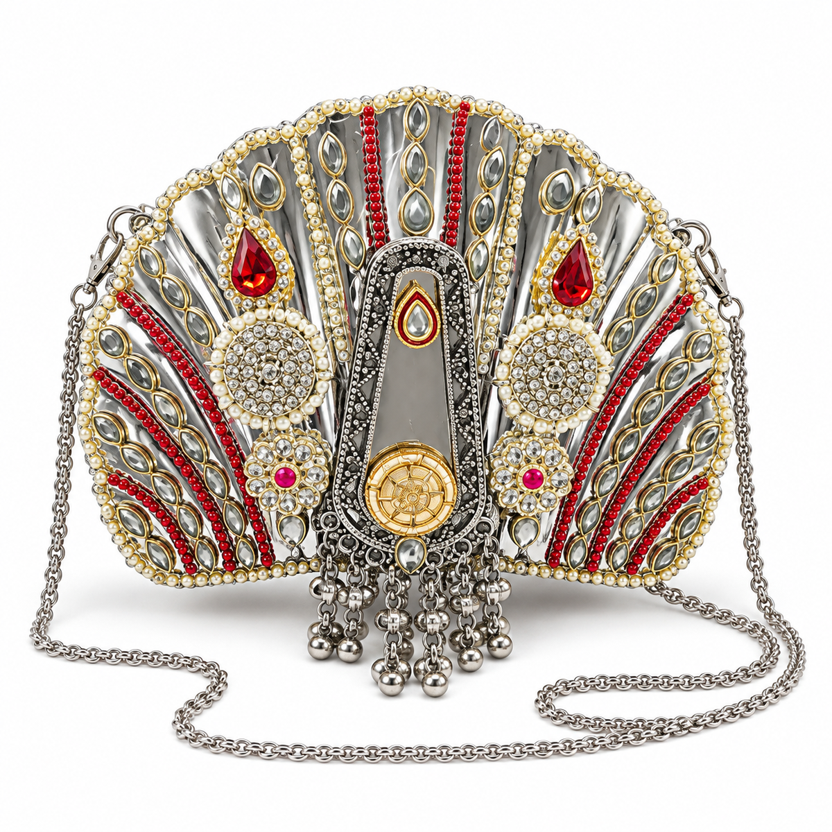 DEVIQ Surkh Shankh shell clutch — white background product view