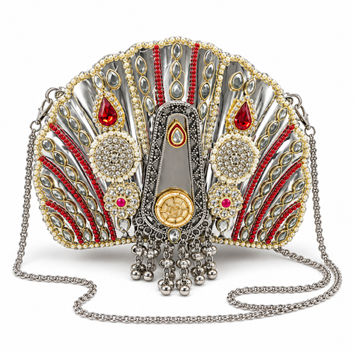 DEVIQ Surkh Shankh shell clutch — white background product view