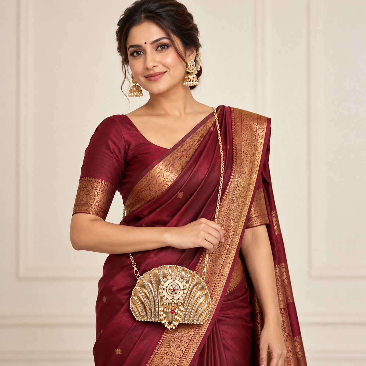 DEVIQ Moti Rajika shell clutch — model wearing chain sling