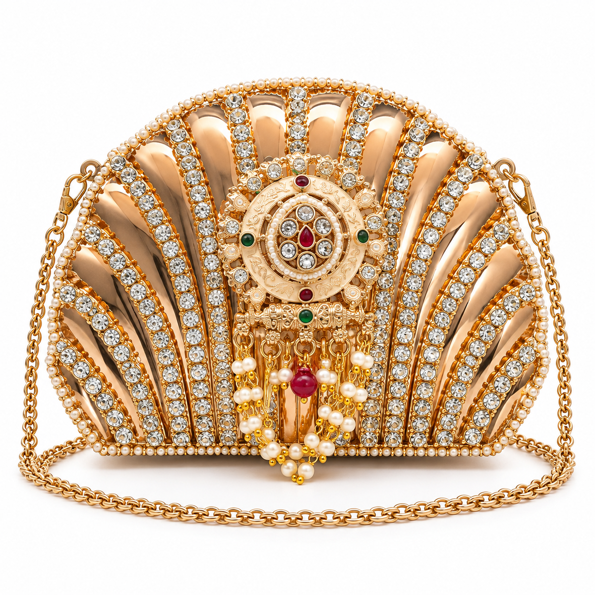 DEVIQ Moti Rajika shell clutch — white background product view