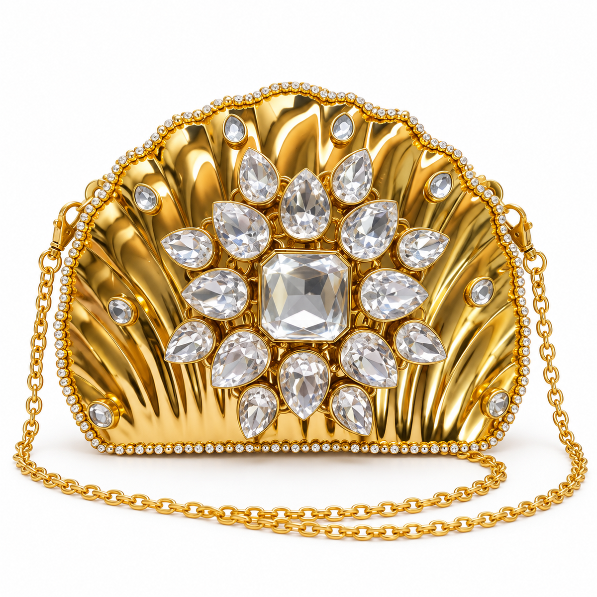 DEVIQ Sunehri Lehar shell clutch — white background product view
