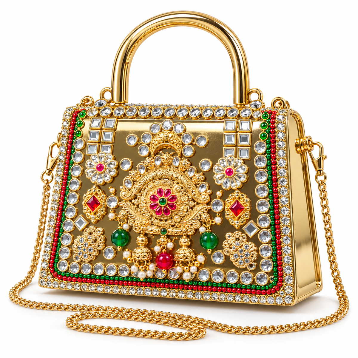 DEVIQ Rajsi Ratna hard purse clutch — white background view