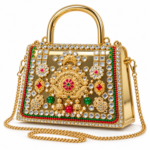 DEVIQ Rajsi Ratna hard purse clutch — white background view