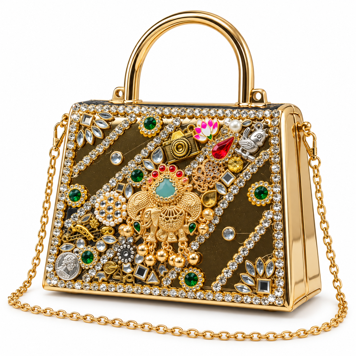 DEVIQ Mayur Manjari hard purse clutch — white background view