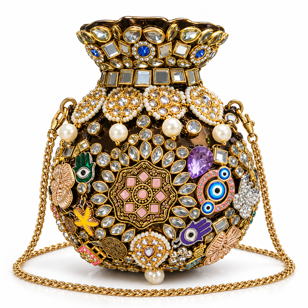 DEVIQ Nazar Rang pot clutch — white background
