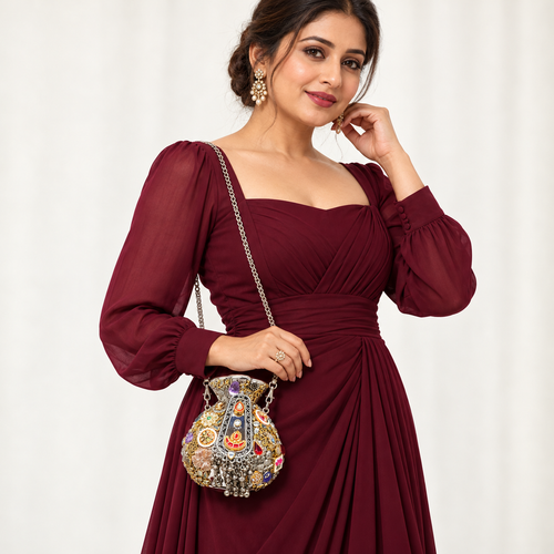 DEVIQ Rajat Raag pot clutch — model with sling