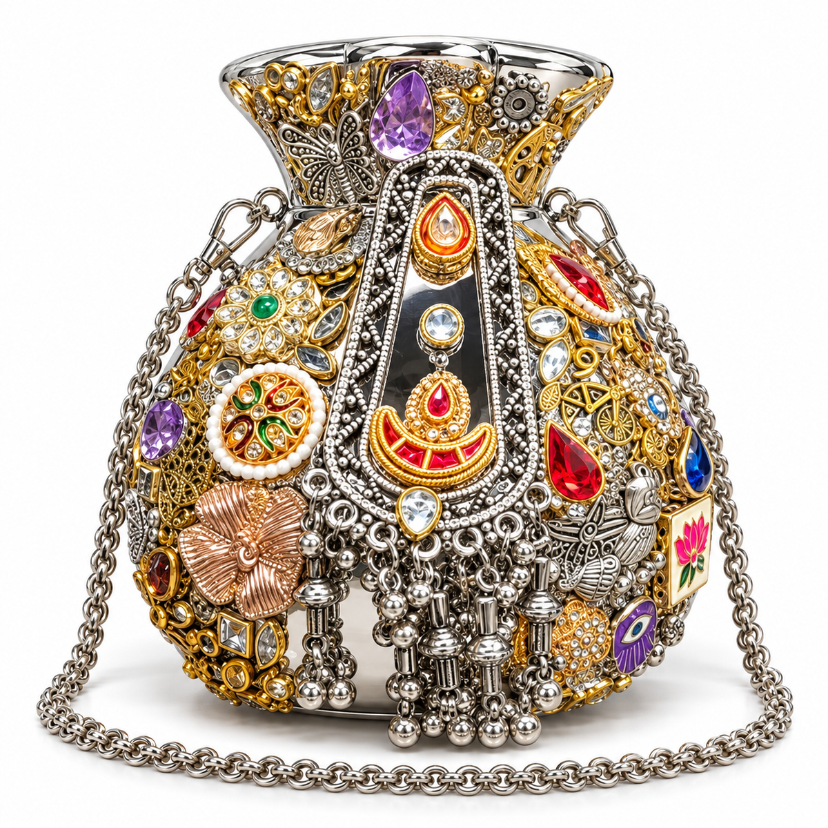 DEVIQ Rajat Raag pot clutch — white background