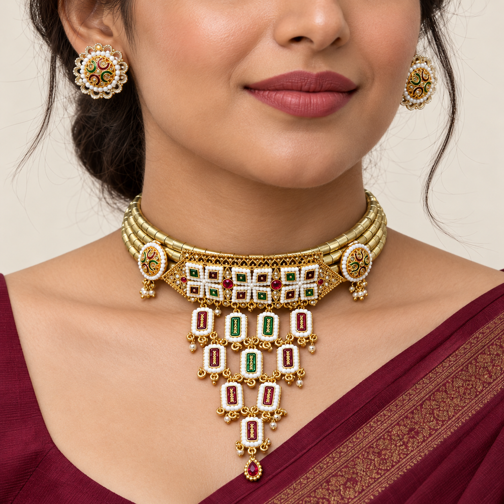 Rajtilak hasli necklace and matching earrings — model view