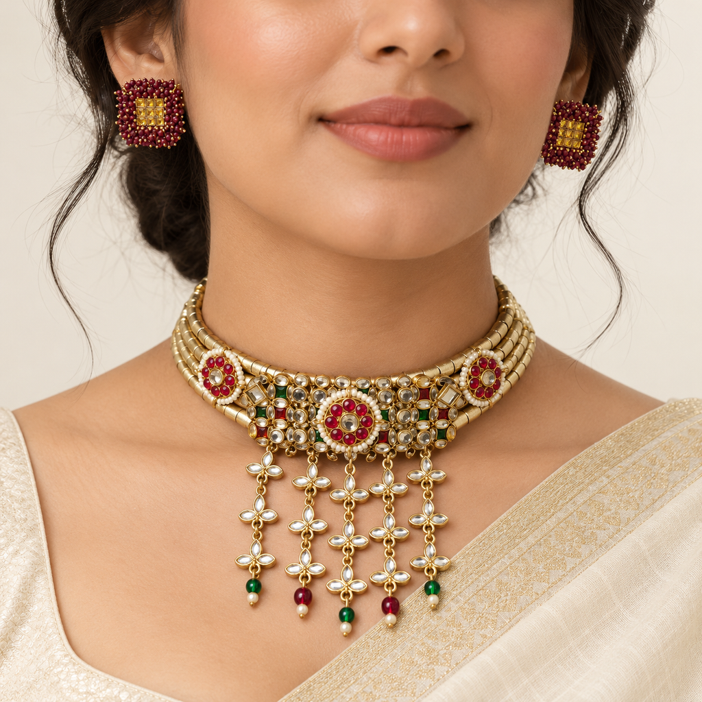 Surkh Lata hasli necklace and matching earrings — model view