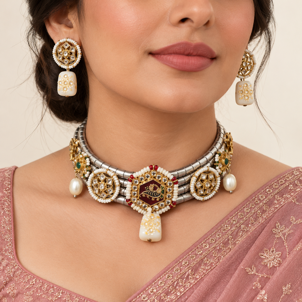 Padma Rekha hasli necklace and matching earrings — model view