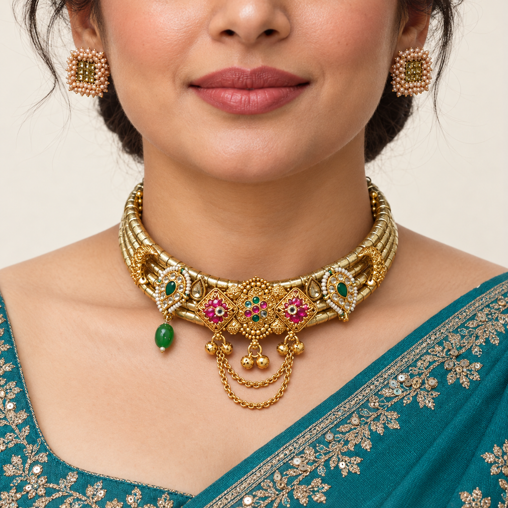 Hiranya hasli necklace and matching earrings — model view