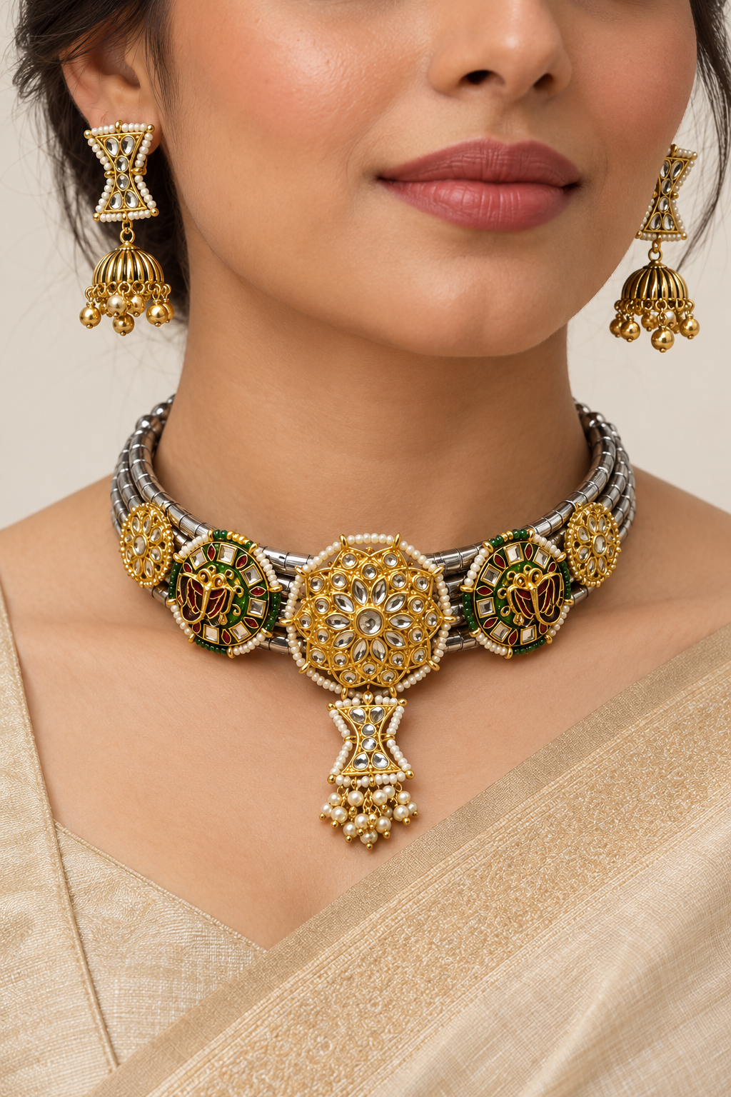 Gajshree hasli necklace and matching jhumkas — model view