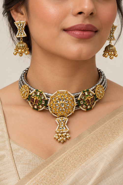 Gajshree hasli necklace and matching jhumkas — model view