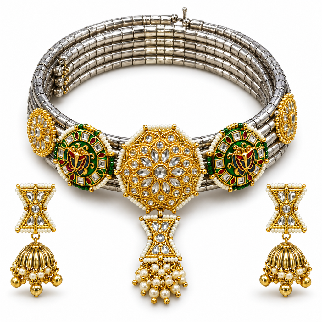 Gajshree hasli necklace and matching jhumkas — white view