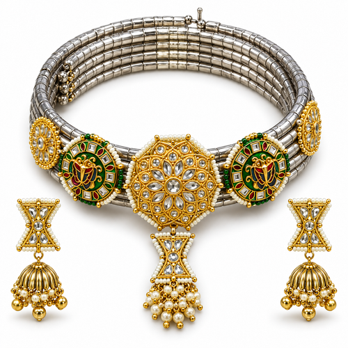 Gajshree hasli necklace and matching jhumkas — white view