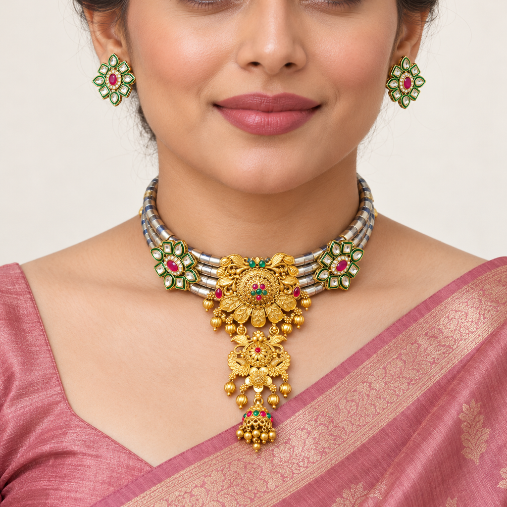 Mayur Darbar hasli and earrings — model view