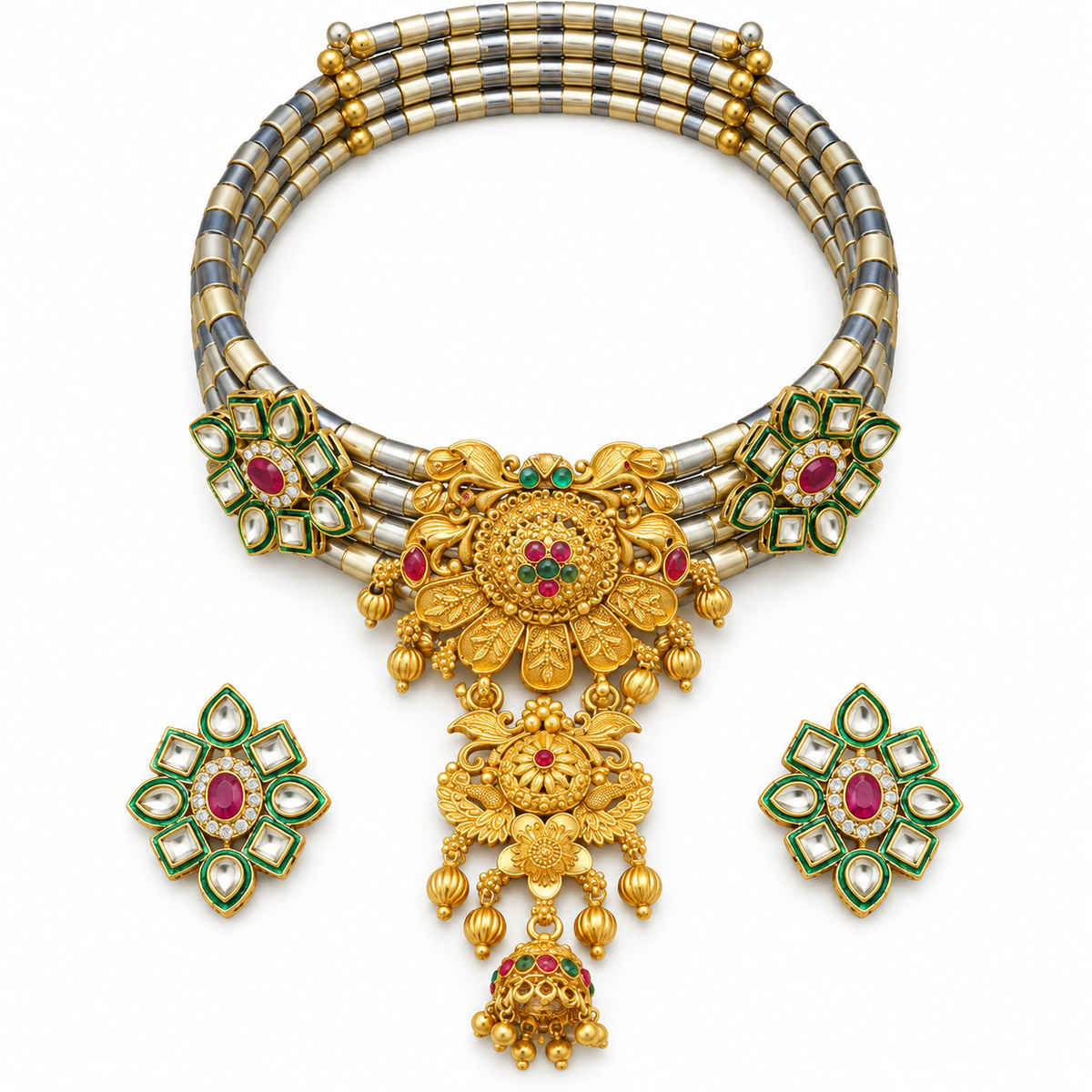 Mayur Darbar hasli and earrings — white view