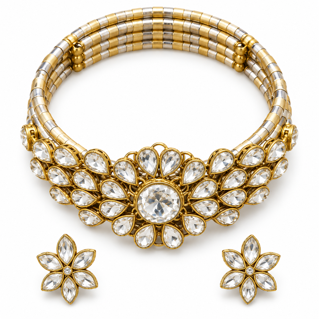 Sitara Phool hasli and earrings — white view