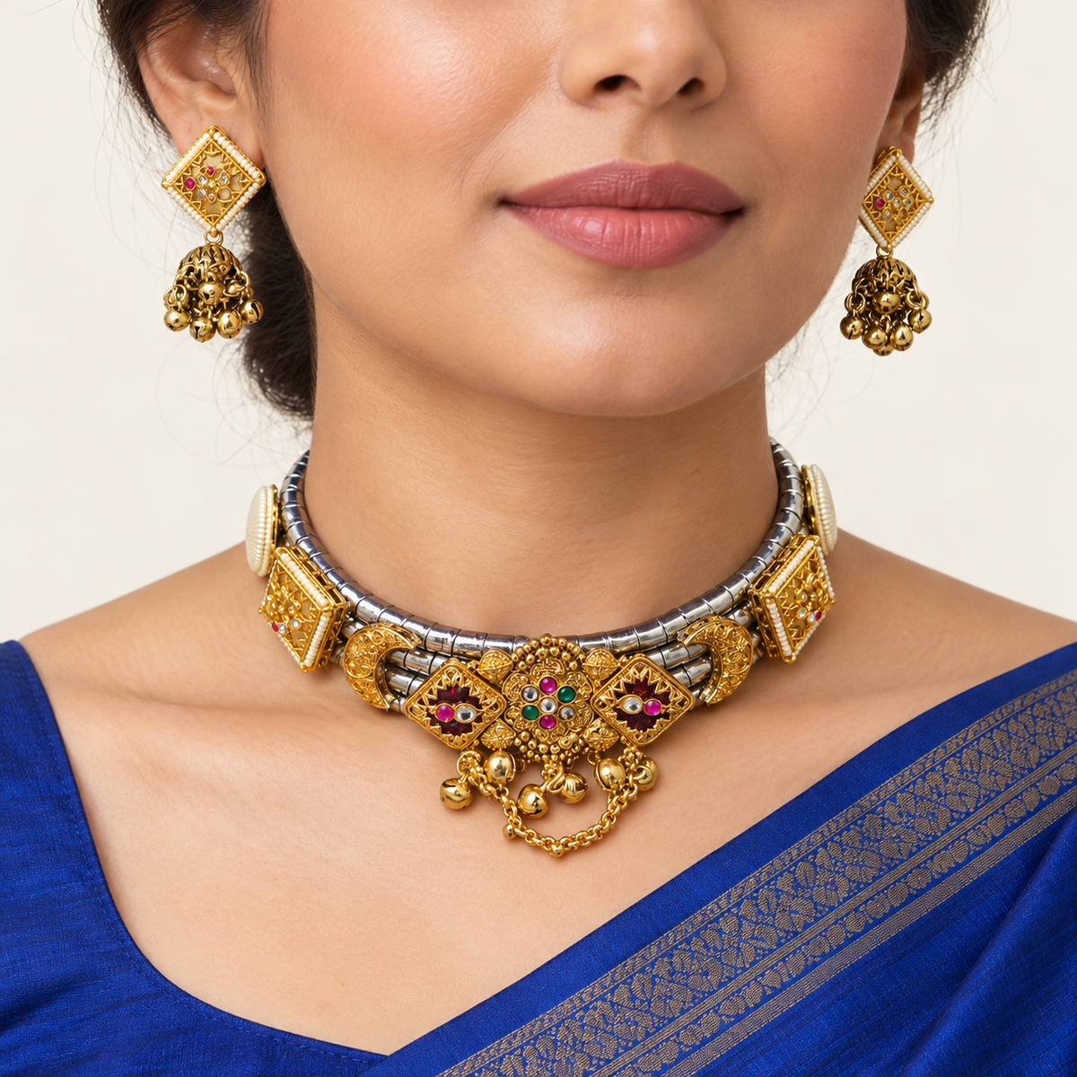 Kanak Raag hasli and earrings — model view