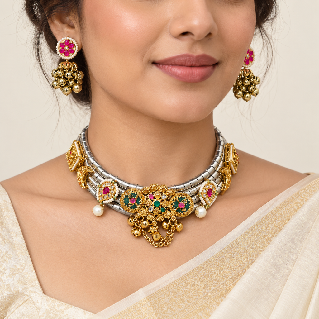 Gulnaar Raag hasli and earrings — model view