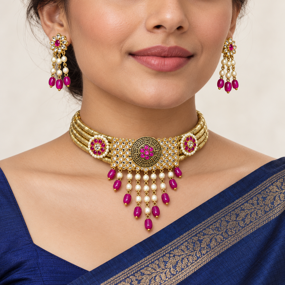 DEVIQ Gulabi Jhoomar JS-1053 hasli set worn with saree
