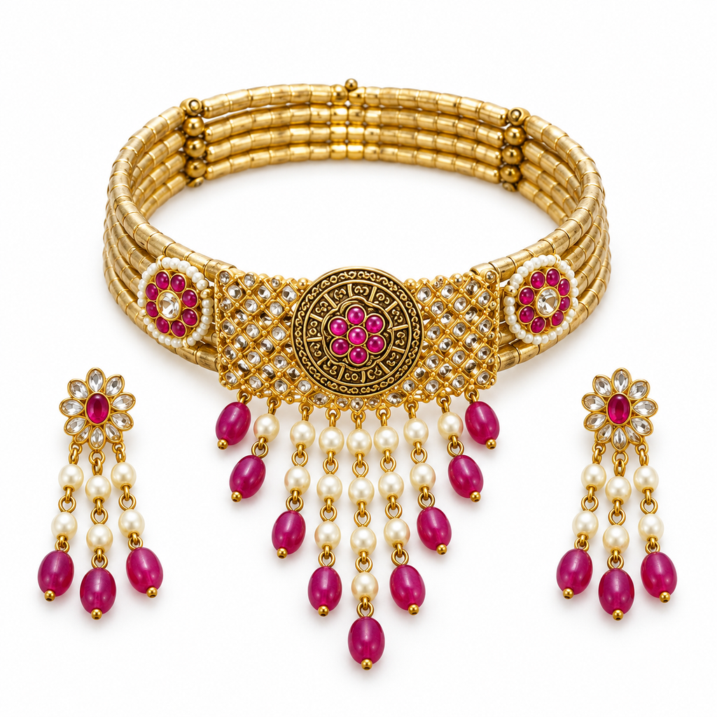DEVIQ Gulabi Jhoomar JS-1053 complete hasli set on white