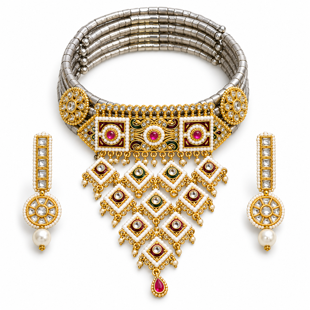 DEVIQ Aaina Bagh JS-1056 complete hasli set on white