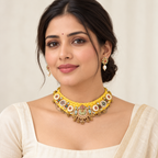 Nazakat | Marigold Yellow Handcrafted Choker & Earrings Set | DEVIQ|JS-1001