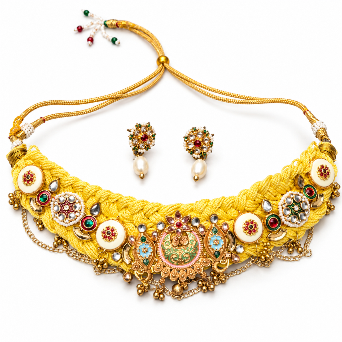 Nazakat | Marigold Yellow Handcrafted Choker & Earrings Set | DEVIQ|JS-1001